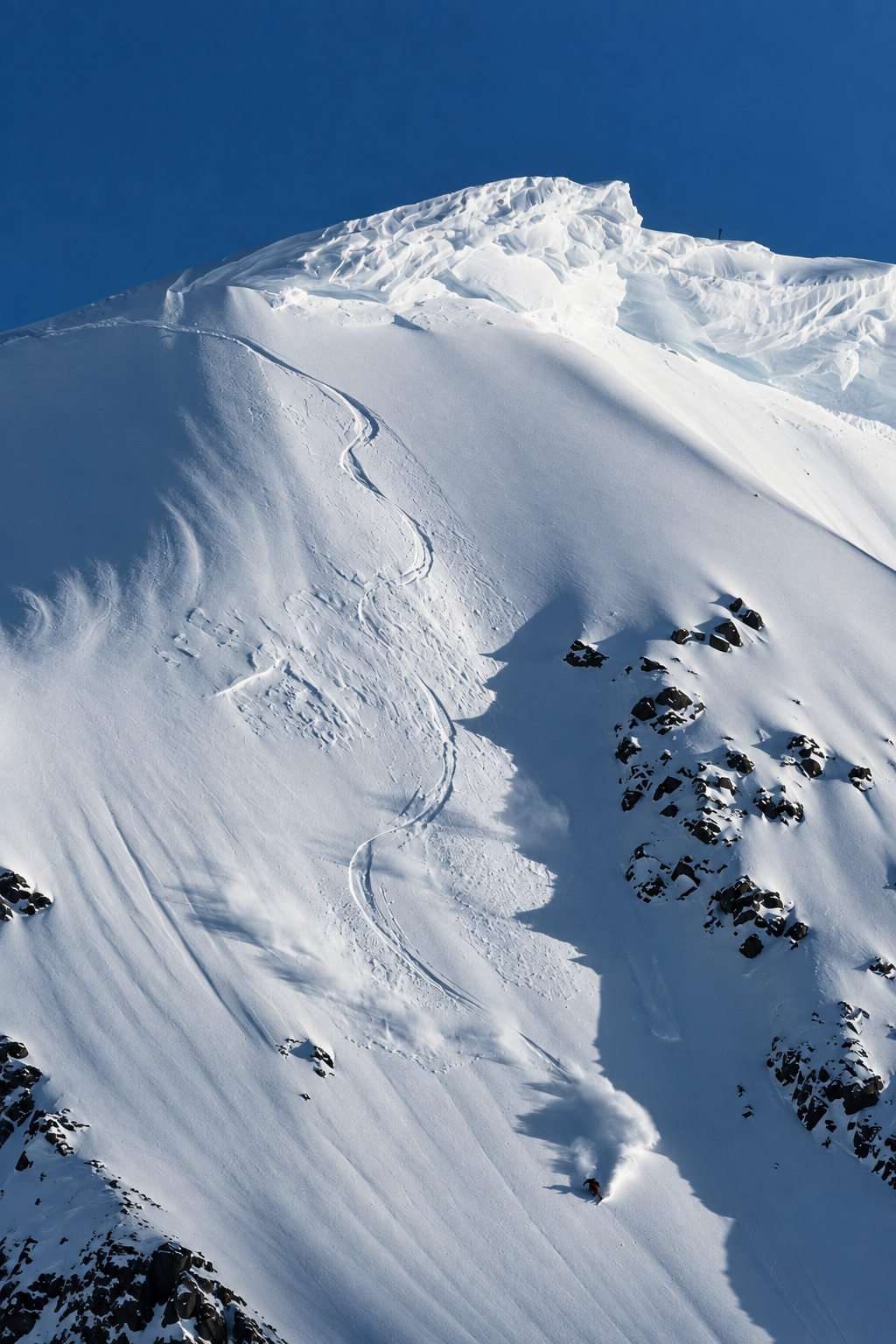 Lone rider descending a steep face, line traced behind